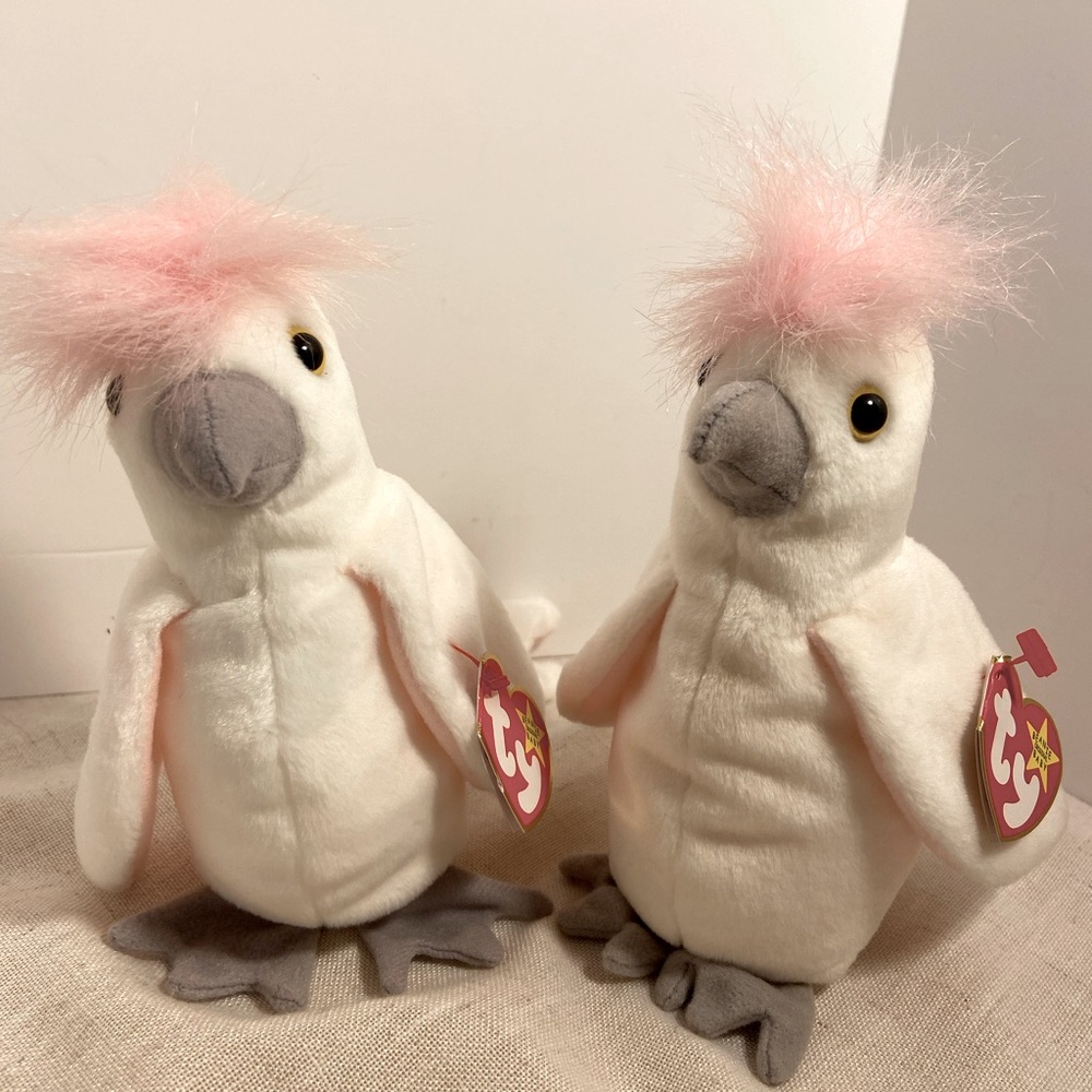 2 Ty Beanie Babies Kuku the Cockatoo Plush Toy pink white bird tropical 90s LOT
